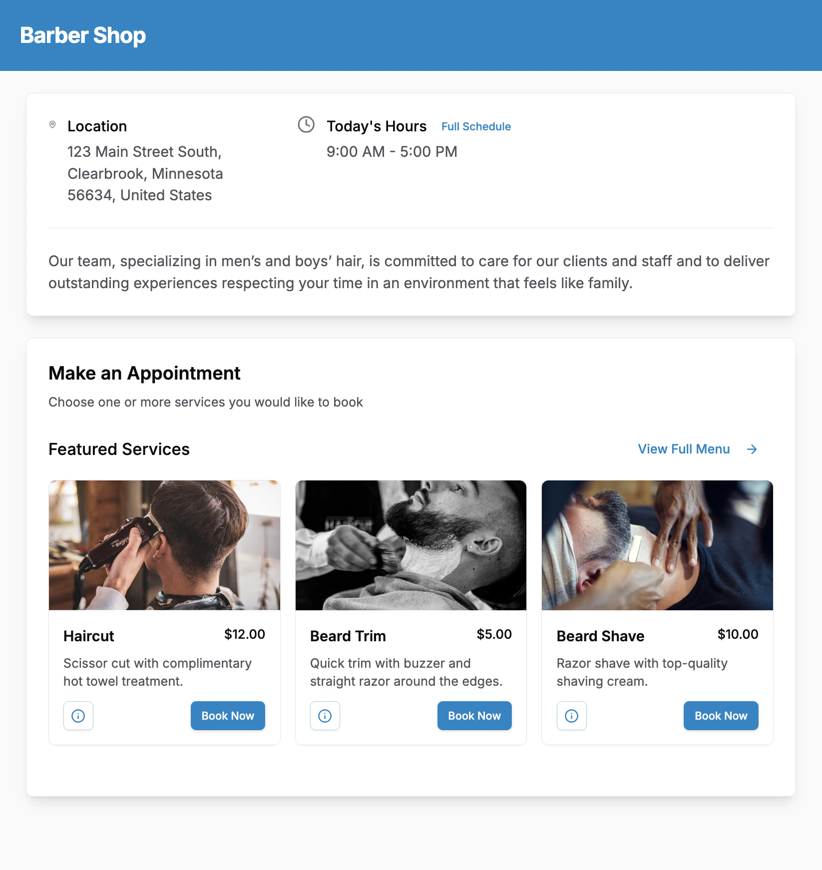 Online booking page interface on desktop