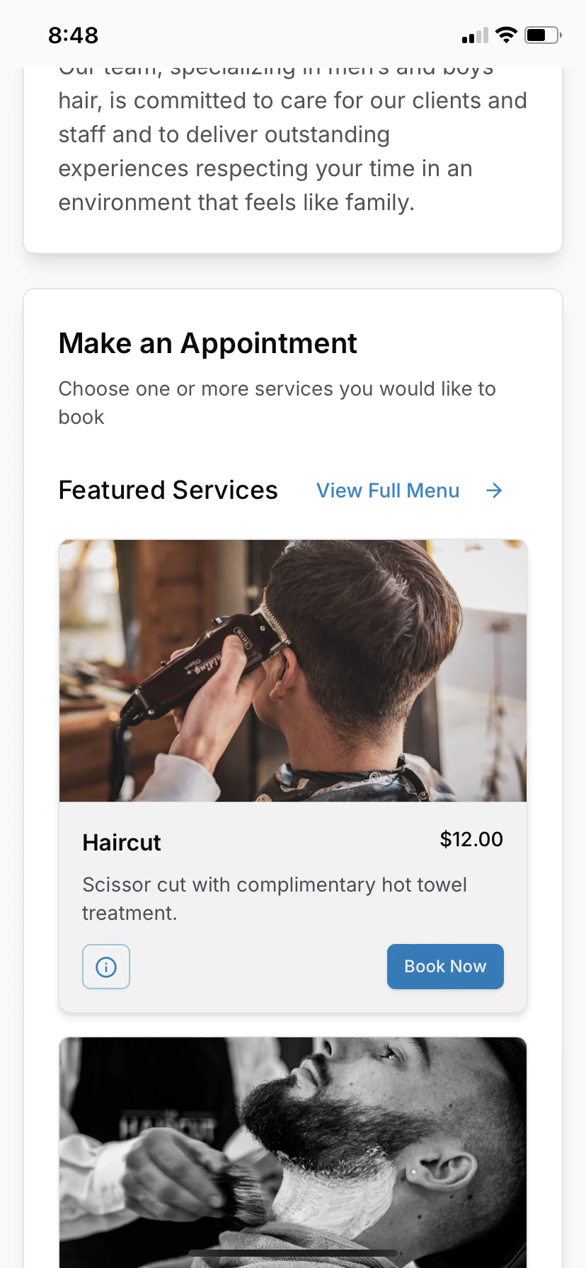 Online booking page interface on mobile